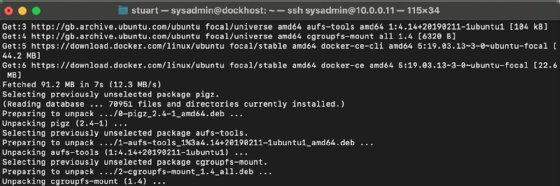 screen showing the latest version of Docker being set up in Ubuntu